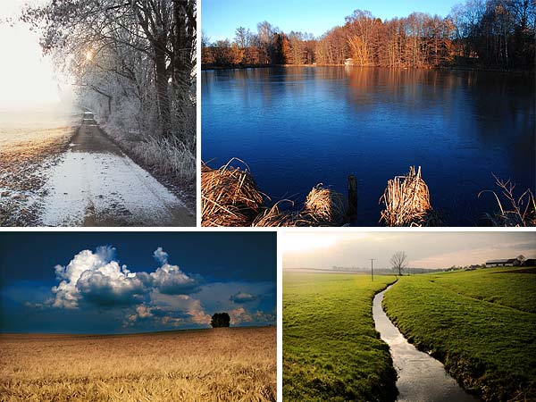 Landschaftsbilder aus der Pfarrei Aspertsham: Pfeifferweiher, Feld bei Wiesling, Wieslinger Bach, Braunrott