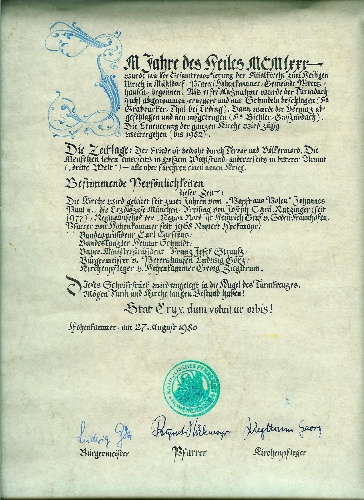 Urkunde Kirchtum Mühldorf aus 1980