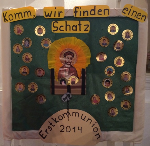 Plakat mit Motto Erstkommunion Langenpreising