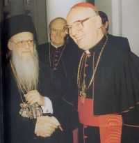 Kardinal Friedrich Wetter mit dem Ökumenischen Patriarchen von Konstantinopel Bartholomaios I.