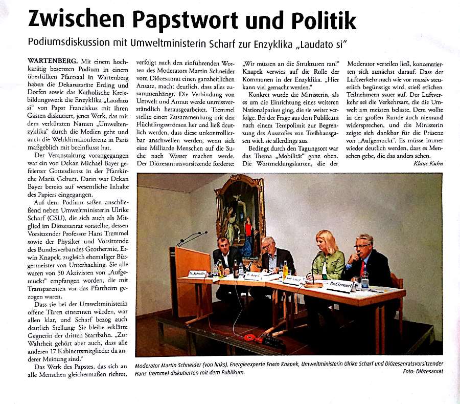 Artikel Kirchenzeitung vom 2. Oktober 2016 von Der Podiumsdiskussion "Laudato si"