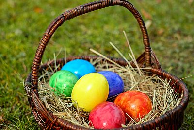 Bunte Ostereier in einem Korb auf einer Wiese