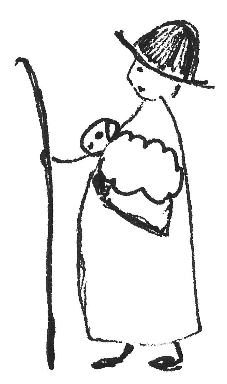 Hirte mit Stab und Schaf auf dem Arm Kinderzeichnung