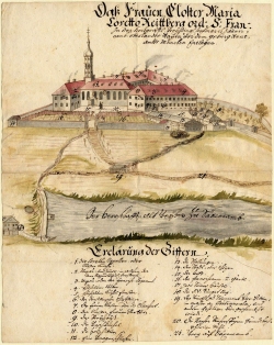 Klosteransicht von Südosten, kolorierte Federzeichnung, um 1750<br/>Papier, 40 x 32 cm; München, Archiv des Erzbistums München und Freising, Plansammlung 20 092