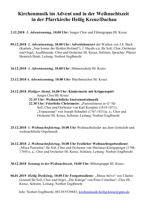 Kirchenmusik im Advent und in der Weihnachtszeit in der Pfarrkirche Heilig Kreuz, Dachau