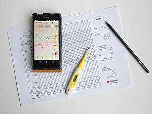 Tabelle mit Thermometer, Handy und Bleistift