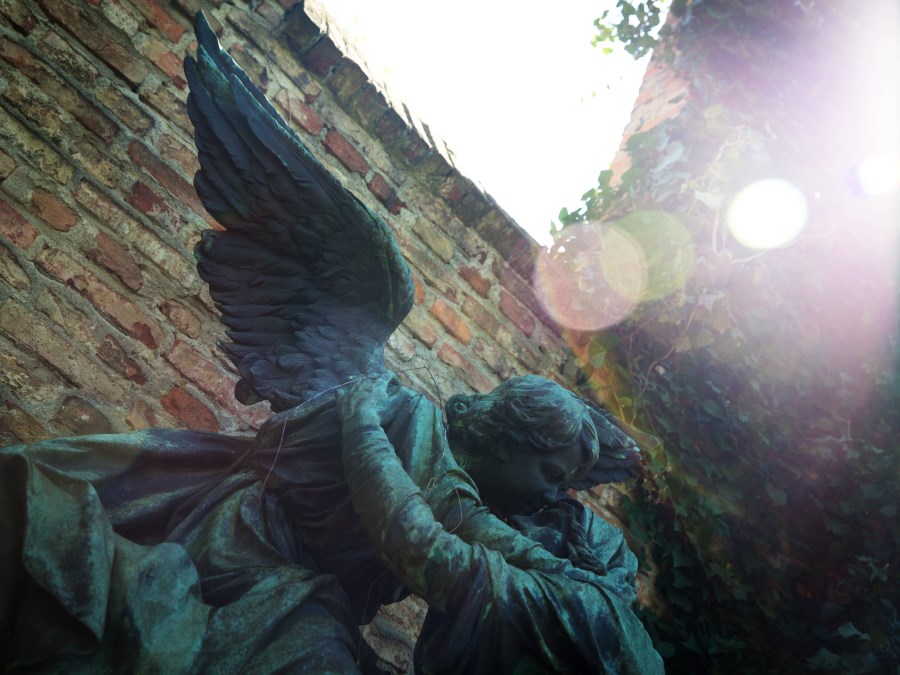 zugewandte große Engelsfiguren auf Friedhof