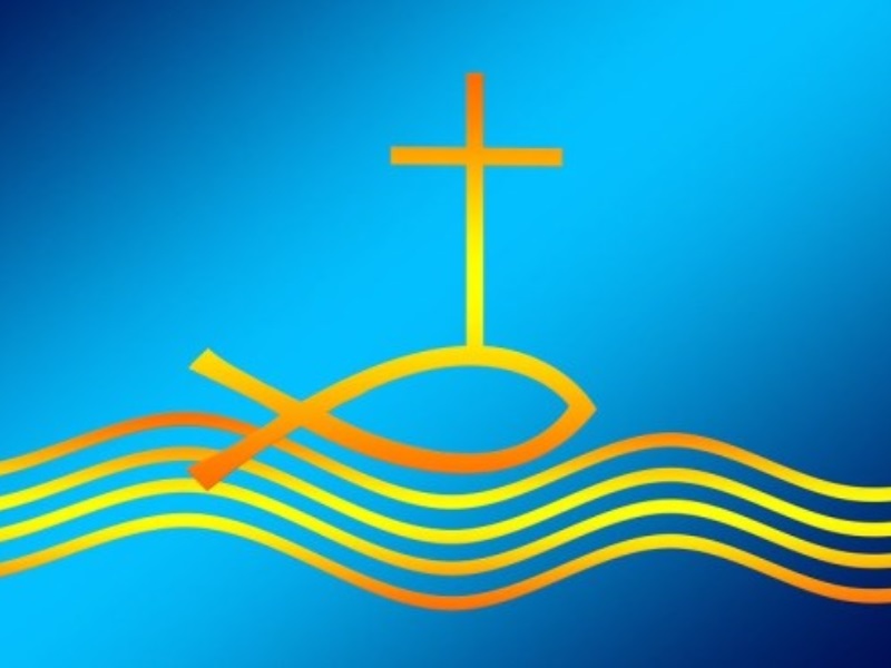 Blauer Hintergrund, Fisch mit Kreuz auf bunten Wellen