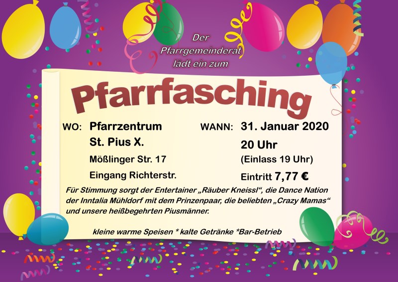 Plakat für den Pfarrfasching am 31. Januar 2020 in St. Pius X. - Mühldorf