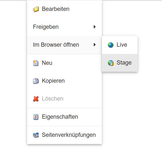 Kontextmenü zum Aufrufen der Vorschauseite aus dem CMS