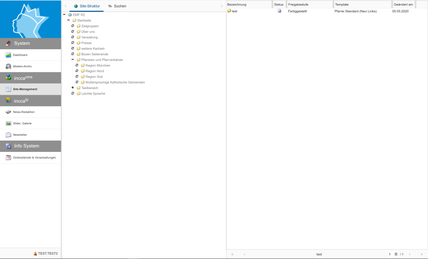 Man sieht die Site-Struktur im incca-CMS.