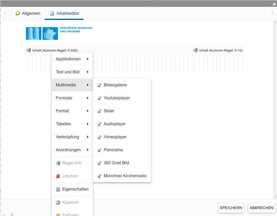 Zeigt die verschiedenen Multimedia Module im incca CMS.