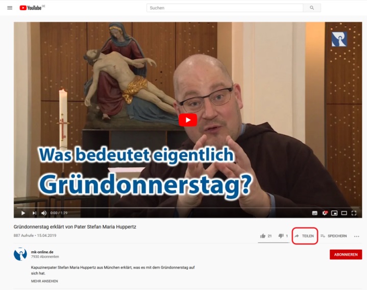 Zeigt die Position des "Teilen"-Buttons bei YouTube-Videos.