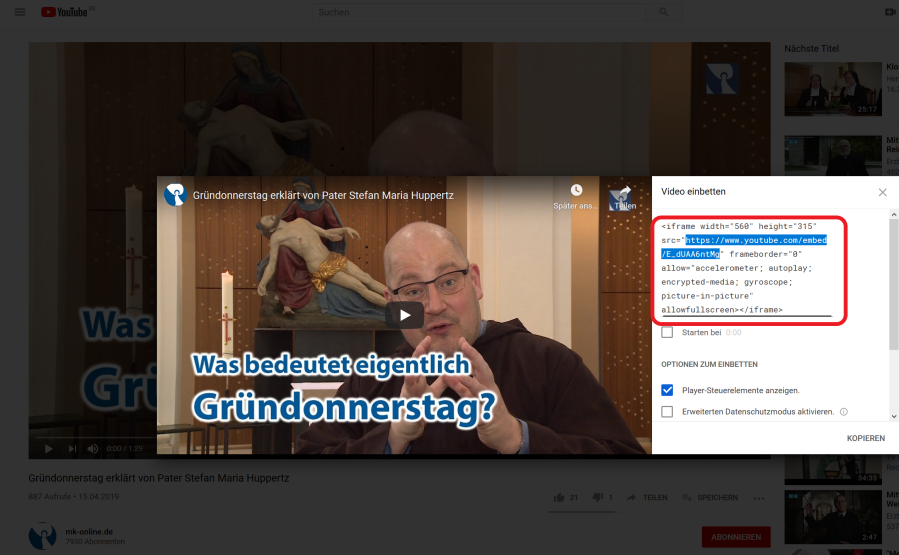 Zeigt die YouTube "Teilen -> embed" Oberfläche.