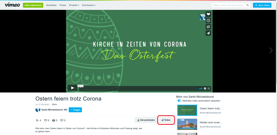 Zeigt die Position des "Teilen" Button in Vimeo.