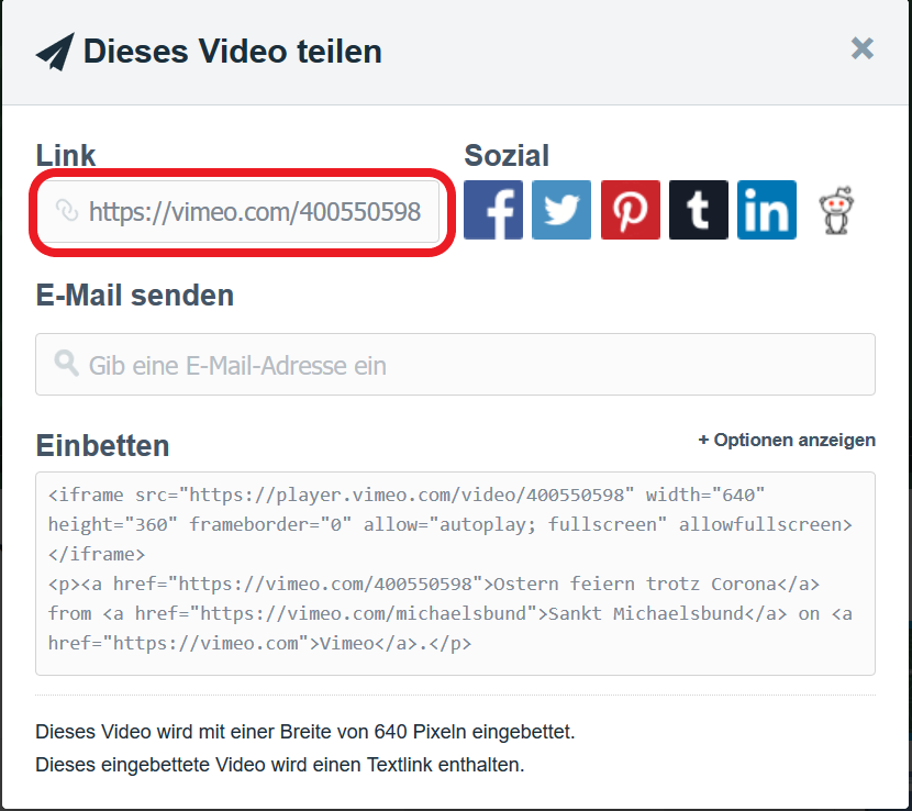 Zeigt Position des Links in der Teilen Funktion von Vimeo.