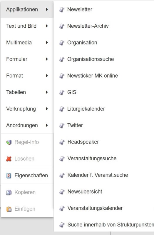 Zeigt die verschiedenen Applikationen im CMS