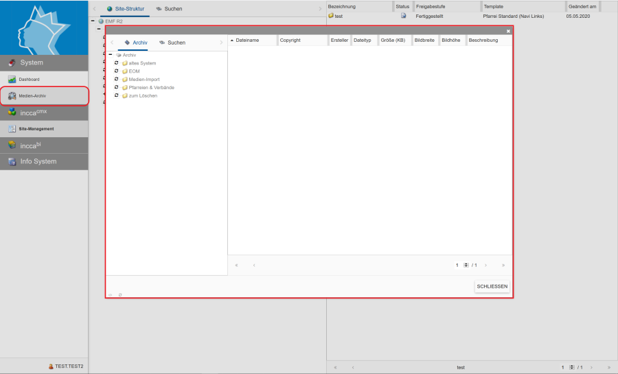 Zeigt das Medien-Archiv im incca-CMS.