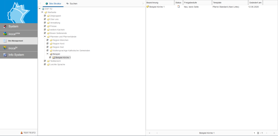 Zeigt die Site-Struktur des incca-CMS