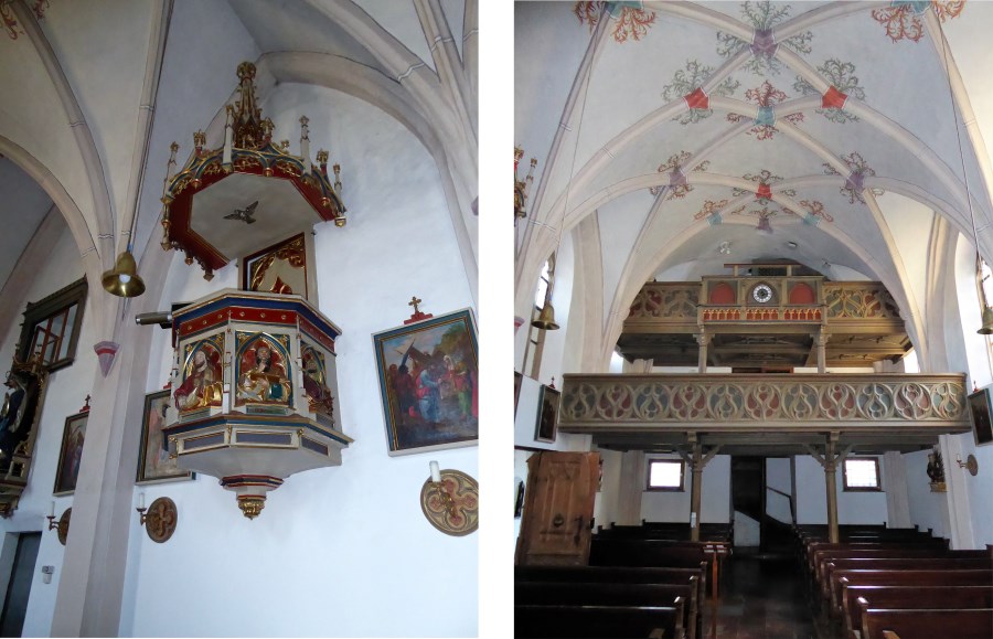 Die Kanzel und die Empore der Tenglinger Kirche