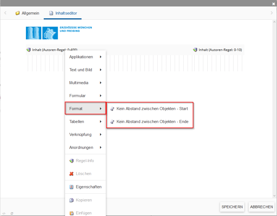 Zeigt Position der Format-Option im incca-CMS.