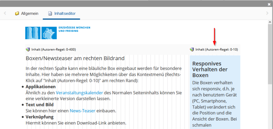 Zeigt die Position der Boxen im incca-CMS.