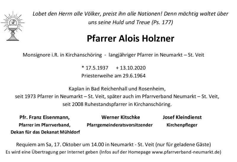 Beerdigung Pfarrer Alois Holzner Neumarkt - Todesanzeige