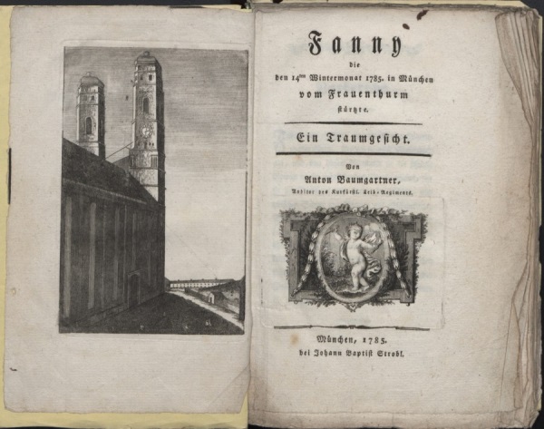 Todessturz der Fanny von Ickstadt vom Nordturm der Münchner Frauenkirche. Kupferstich, 1785