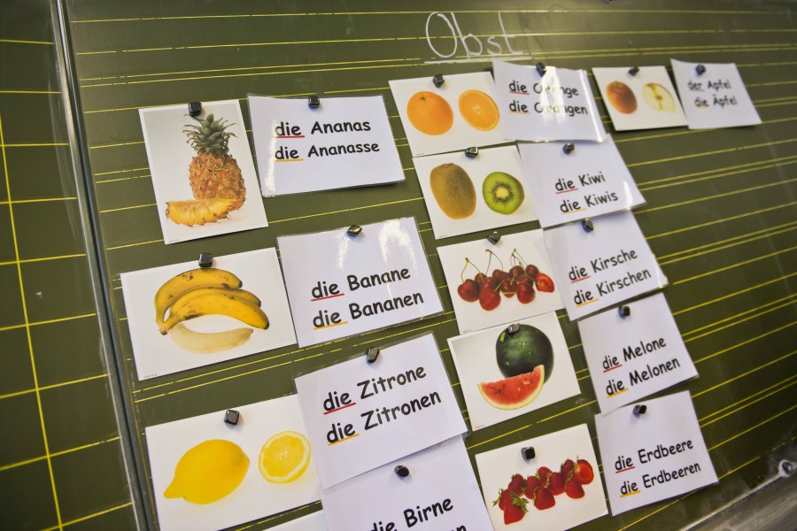 Tafel mit Bildern von Obst und Gemüse und den bezeichnenden deutschen Wörter daneben