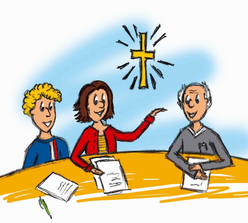 Eine Bunte Zeichnung von drei Personen an einen Tisch sitzend mit einen Kreuz im Hintergrund