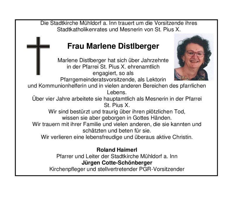 Todesanzeige Frau Marlene Distlberger