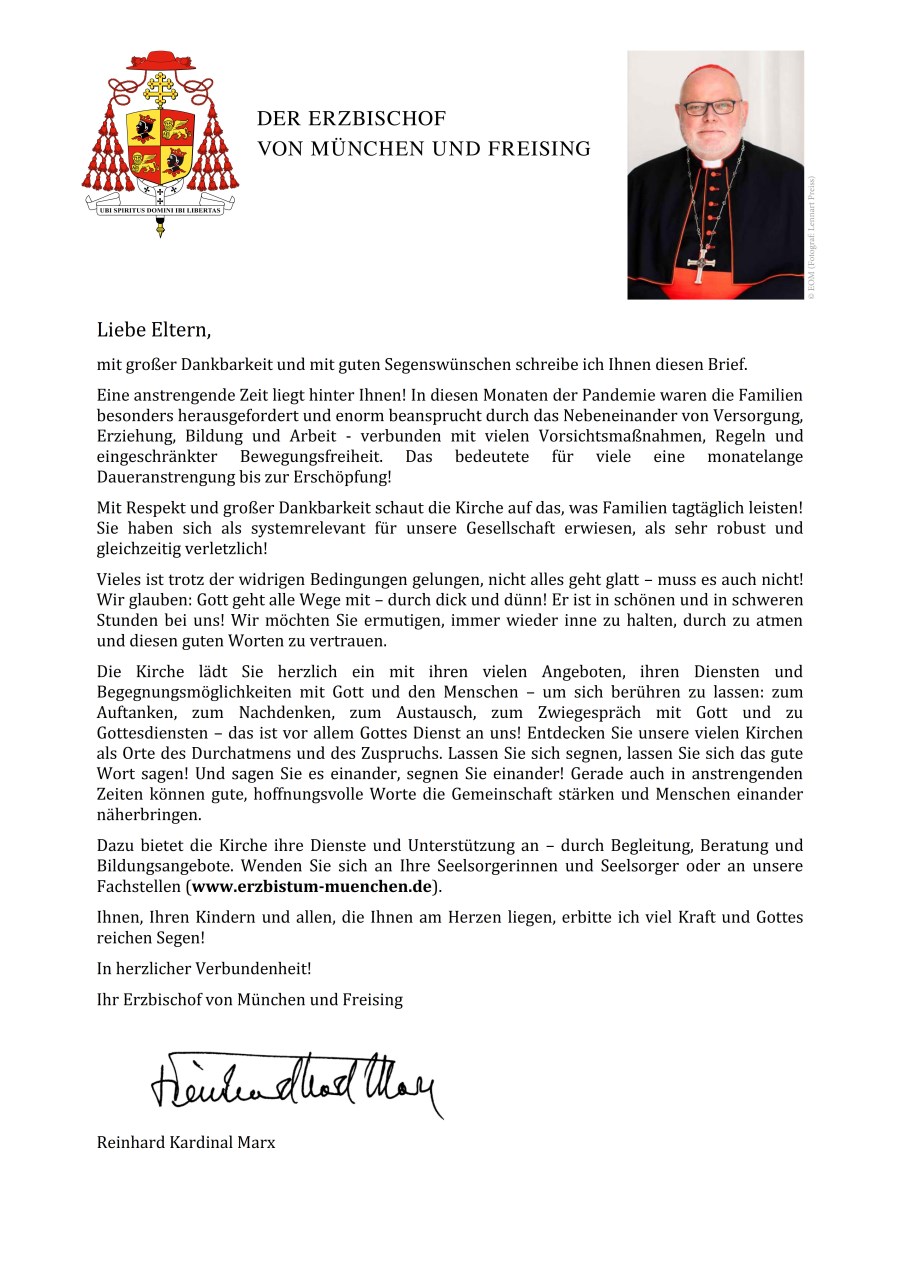 Brief von Kardinal Reinhard Marx an die Familien