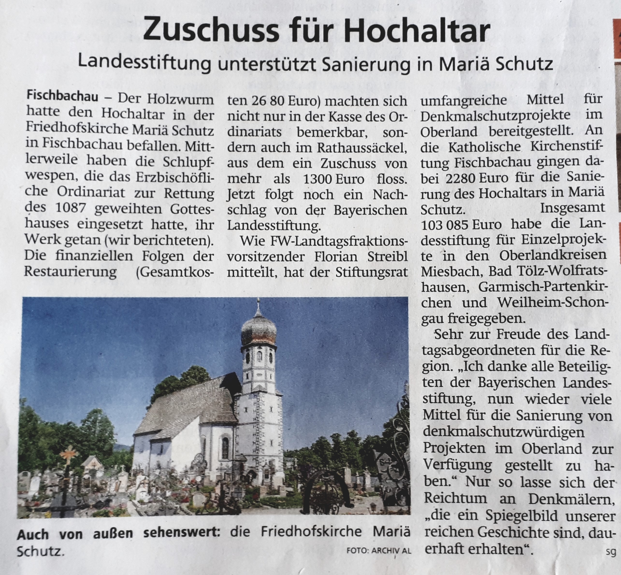 Zeitungsartikel Sanierung Maria Schutz Kirche