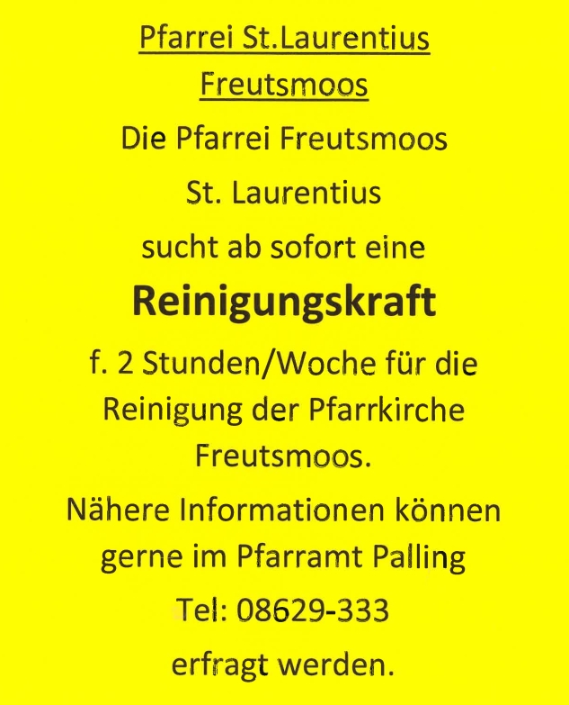 Stellenausschreibung Reinigungskraft Pfarrei St. Laurentius Freutsmoos