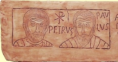 Petrus und Paulus, Gravur aus der Hippolyt-Katakombe (4. Jh.),Vatikanische Museen