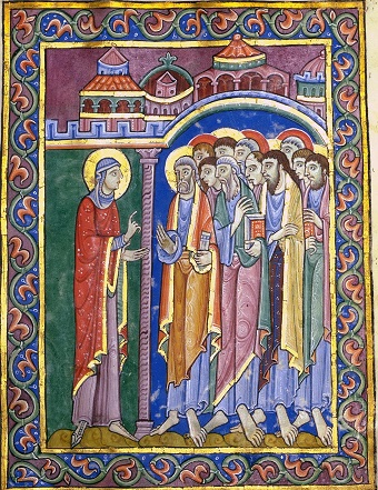 Maria Magdalena verkündet den Jüngern das Evangelium, Albani-Psalter, 12. Jh.