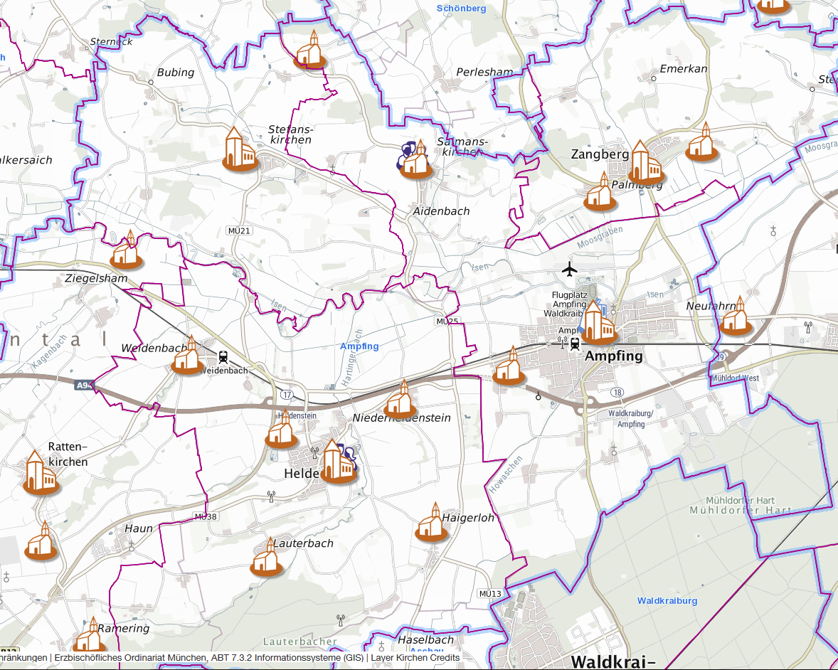 Kartenausschnitt mit Pfarrverband Ampfing