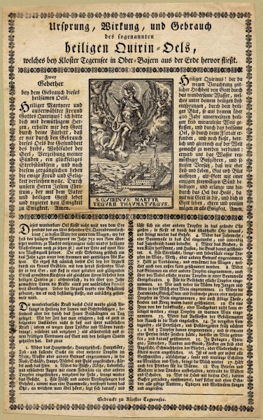 Quirinusöl-Zettel. Einblattdruck der Tegernseer Klosterdruckerei, 18. Jahrhundert