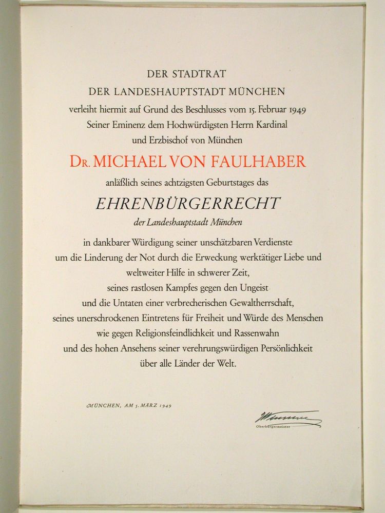 Ehrenbürger-Urkunde für Kardinal Michael von Faulhaber