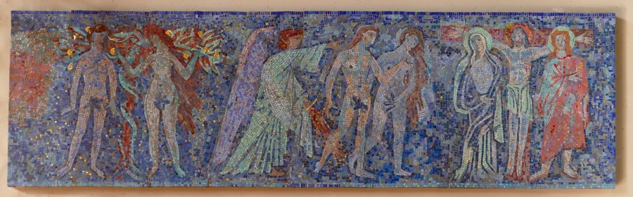 Mosaik Vertreibung von Adam und Eva und Kreuzszene