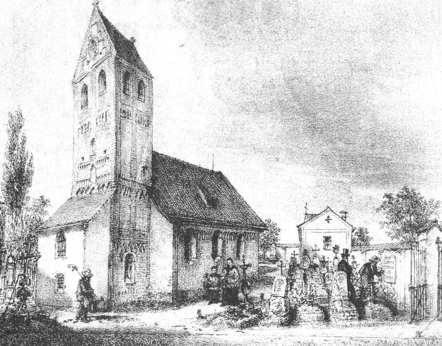 Die Kirche St. Nikolaus im Jahr 1881 und daneben der Friedhof mit der Leichenhalle.