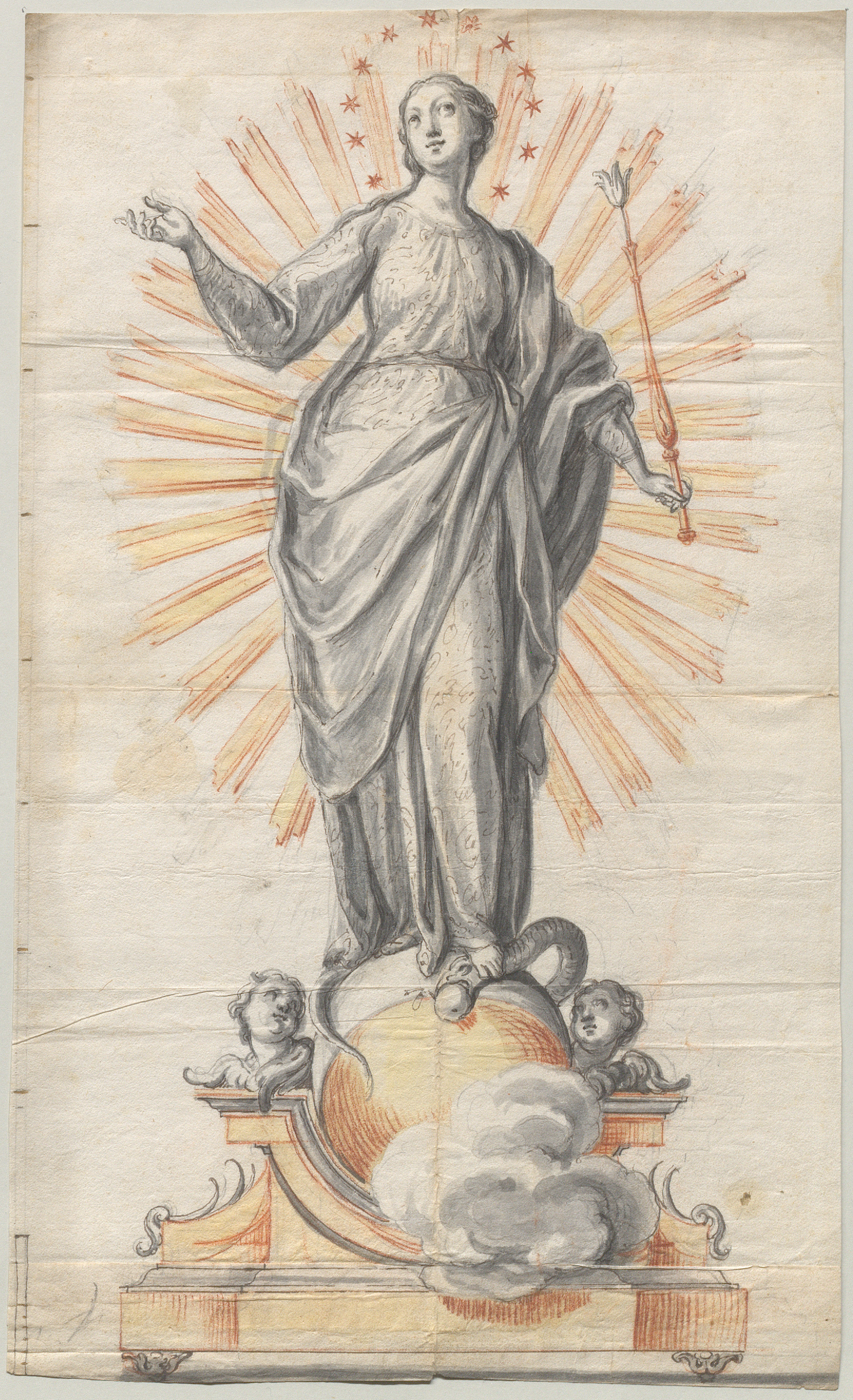 Silberfigur der Maria Immaculata in der Münchner Frauenkirche<br/>Entwurfszeichnung von Johann Adam Miller, 1731
