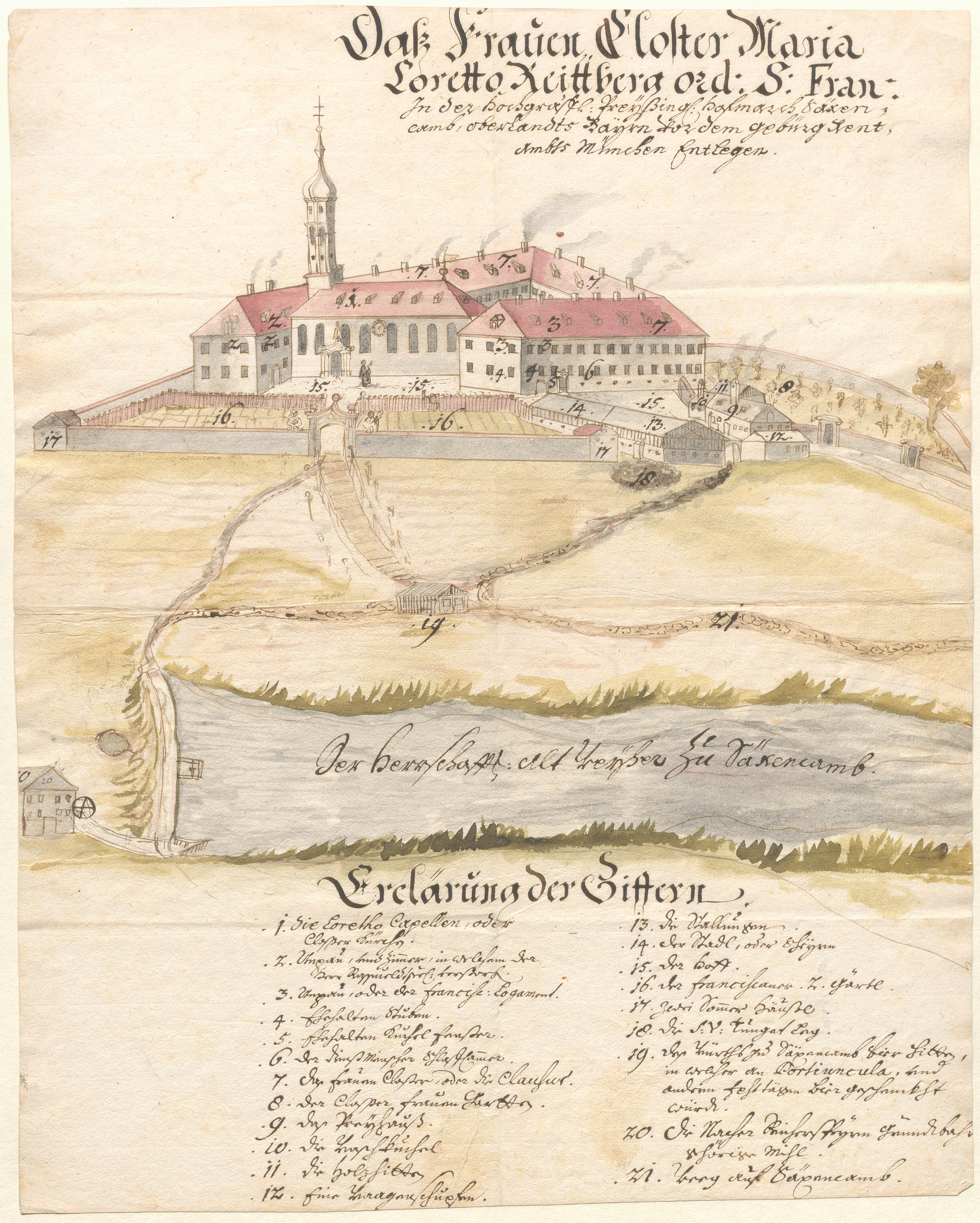 Das Franziskanerinnen-Kloster auf dem Reutberg bei Tölz<br/>Ansicht von Südosten, 1750