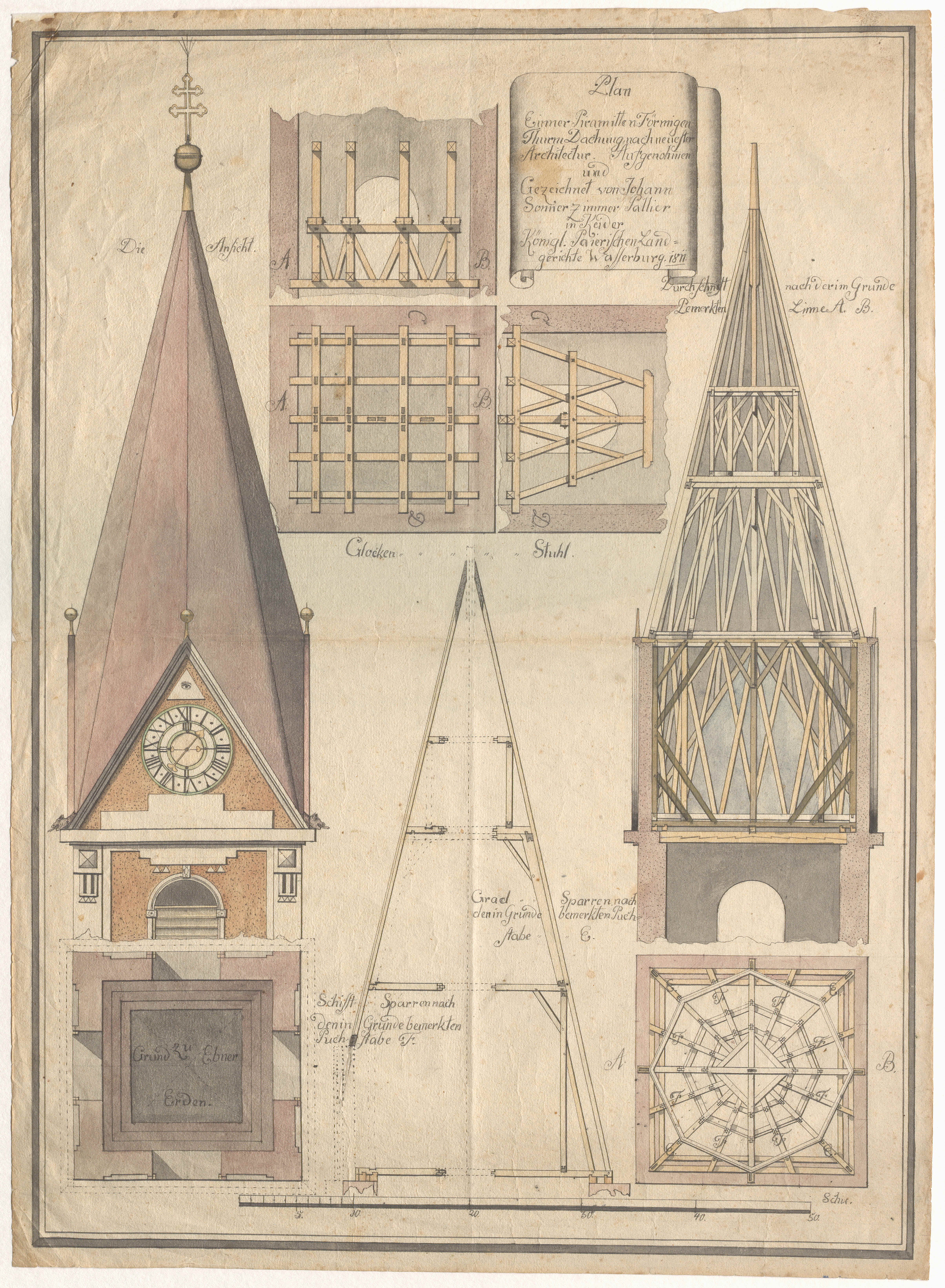 Ein neuer Kirchturm für die Pfarrkirche Albaching<br/>Plan von Mathias Rösler, 1811