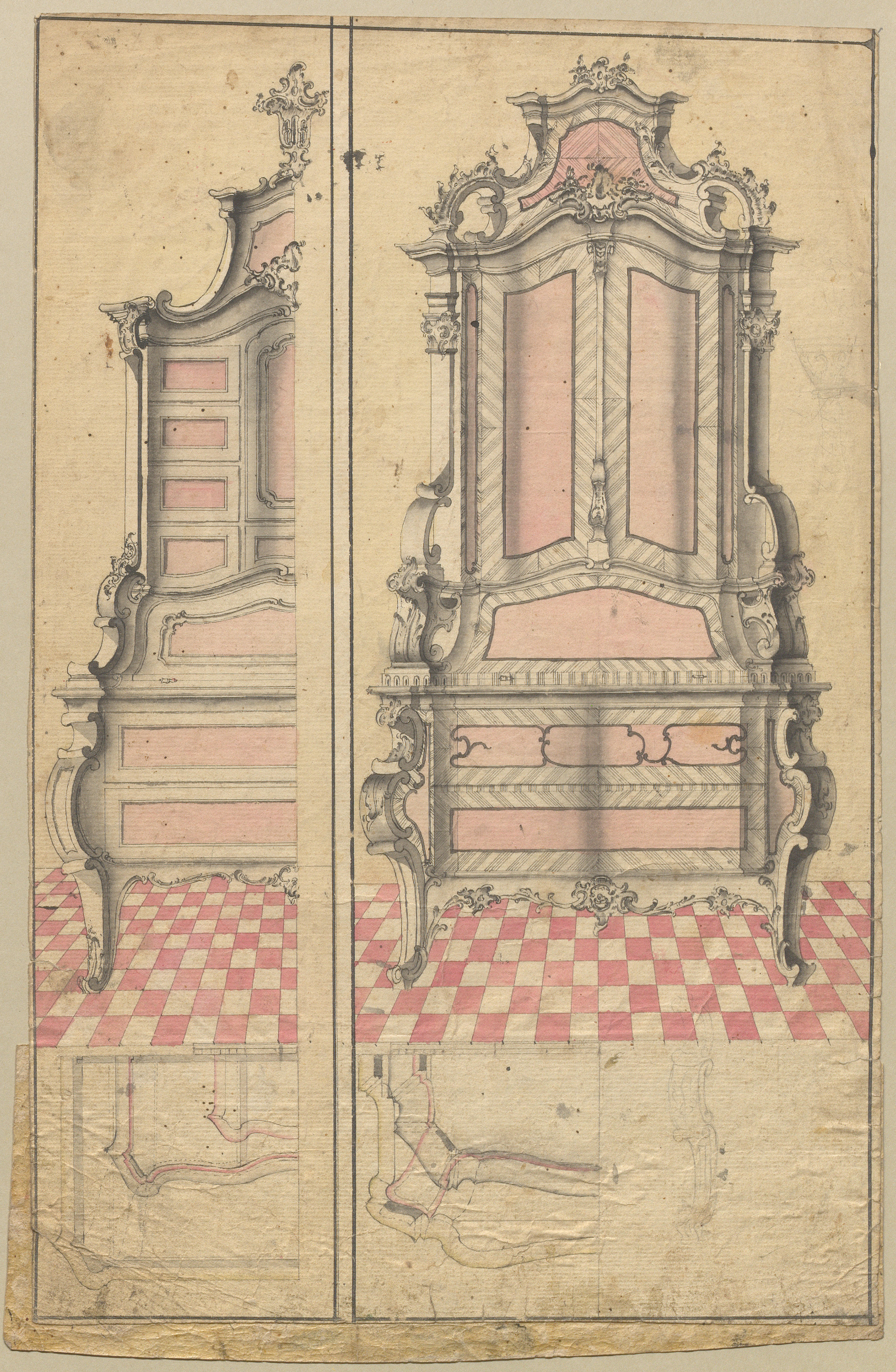 Schreibschrank<br/>Entwurfszeichnung, spätes 18. Jh.