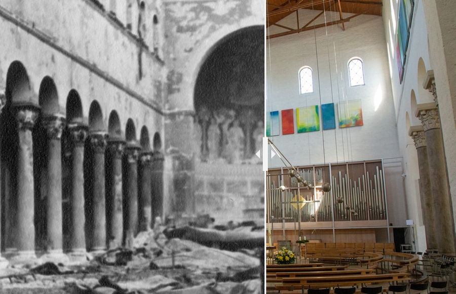 Zerstörte Kirche am Ende des Zweiten Weltkriegs und heutiger Zustand