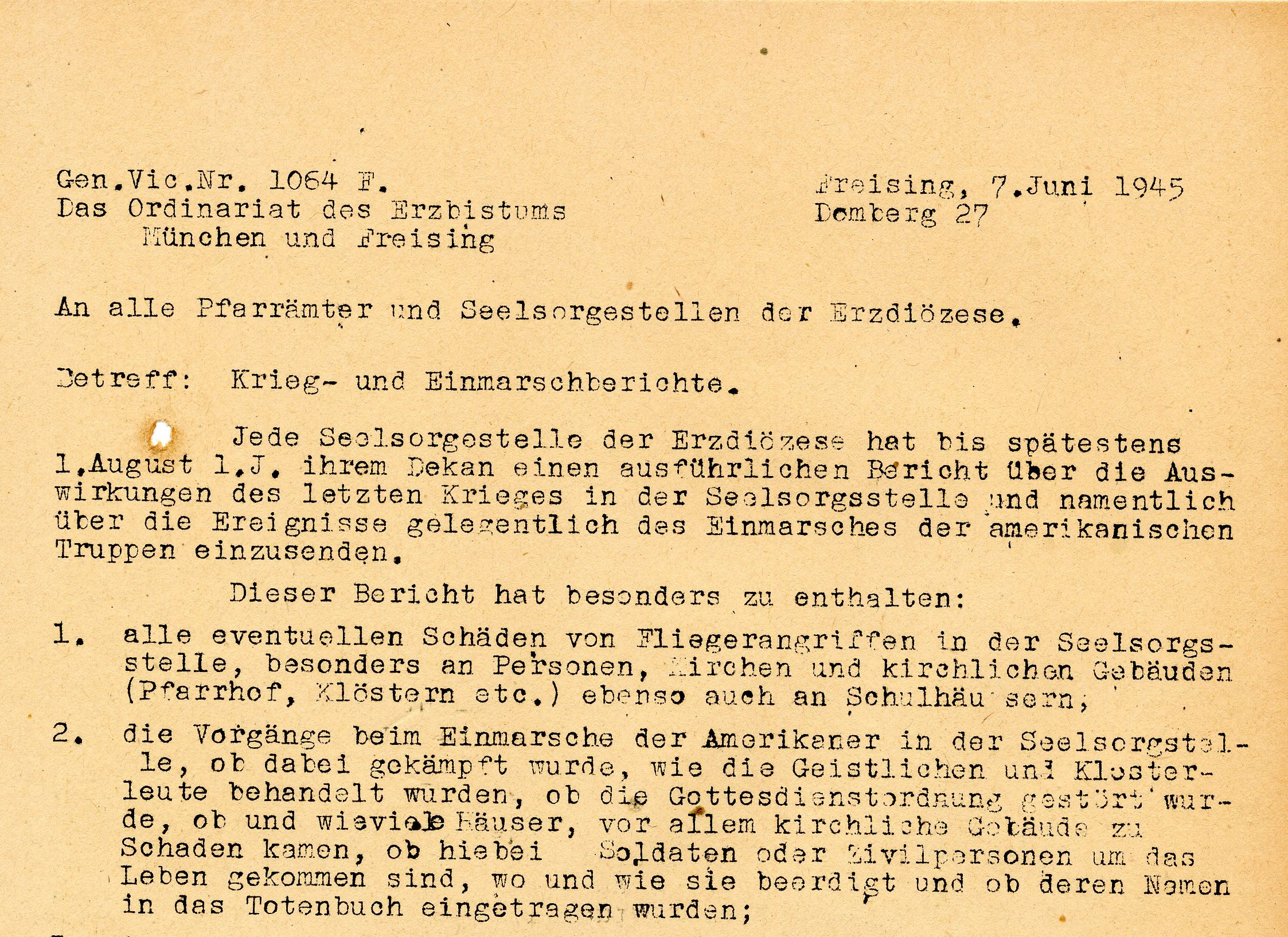 Ausschnitt aus der Anweisung zur Erstellung der Kriegs- und Einmarschberichte vom 7. Juni 1945