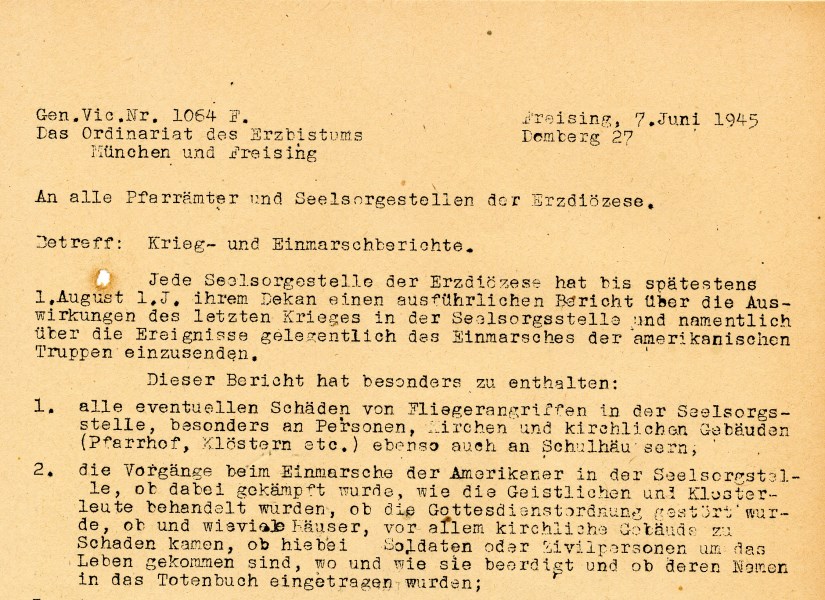 Anweisung zur Erstellung der Kriegs- und Einmarschberichte, 7. Juni 1945. Hektographie (Ausschnitt)