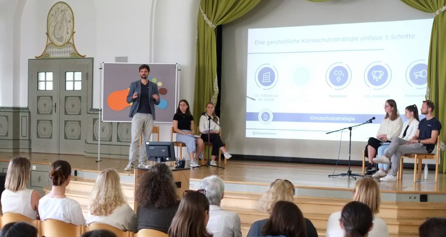 Präsentation des Ökologischen Fußabdrucks in der Aula der Maria-Ward-Schulen in München-Nymphenburg