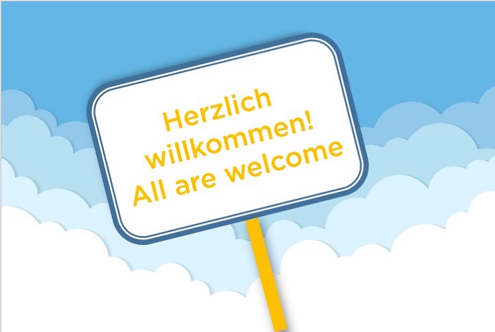 Willkommensschild vor Wolken-Graphik